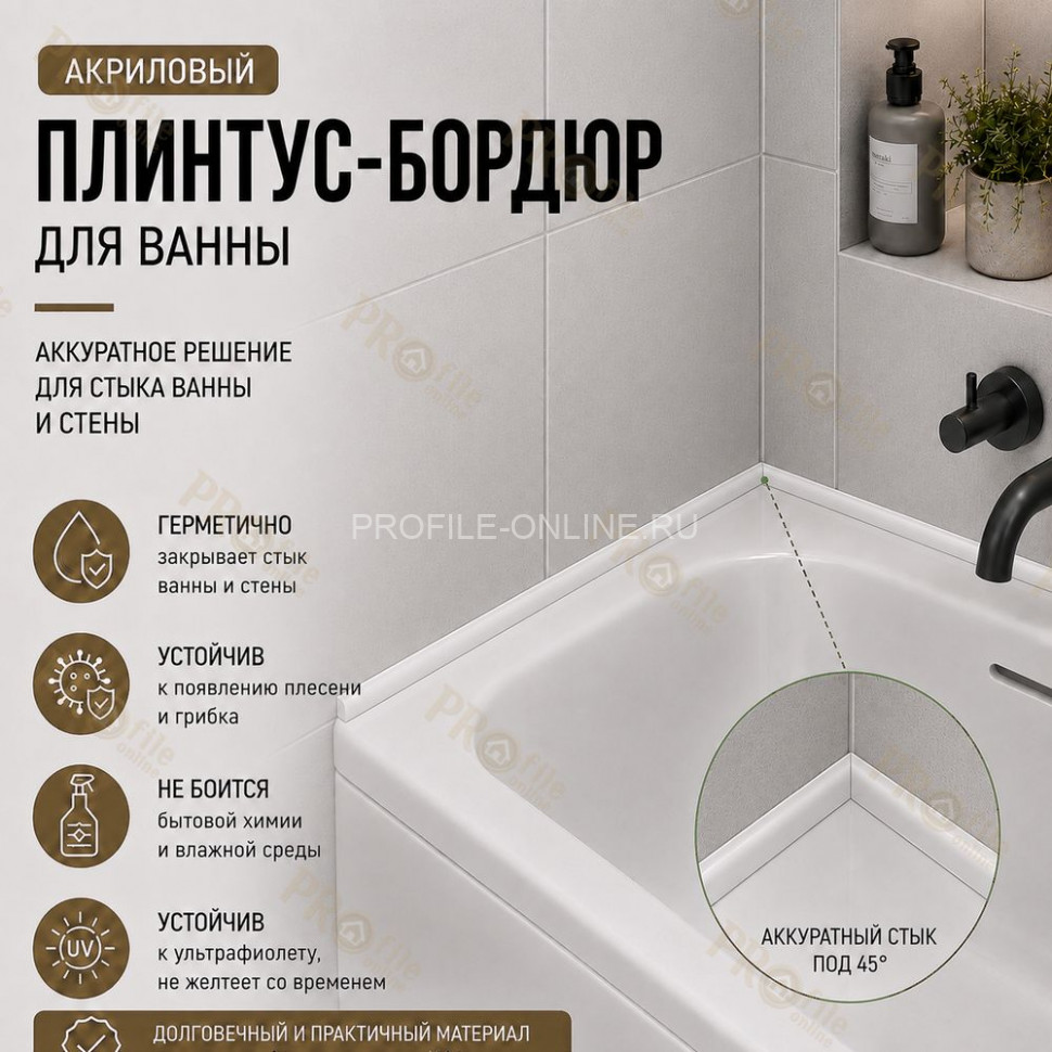 Плинтус для ванной акриловый бортик Quart Neo выпуклый 20х12х1800 мм белый глянец
