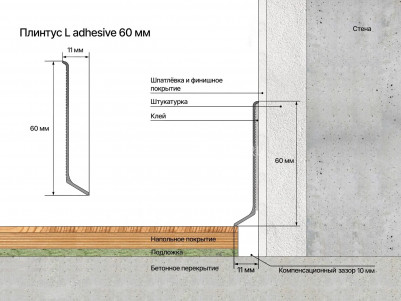 Напольный плинтус 10х60 мм из алюминия Laconistiq Adhesive 60 серебро 250 см