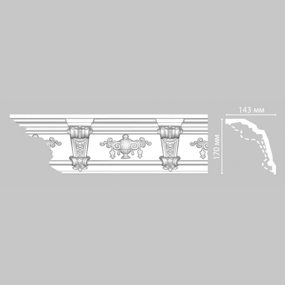 Плинтус потолочный с рисунком колонны и вазы DECOMASTER DT-9885 (140x170x2400) из полиуретана, белый под покраску