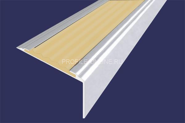 Алюминиевый угловой противоскользящий порог с резиновой вставкой 20х38 мм АУ-38-Анод серебро-бежевый 2,7 м