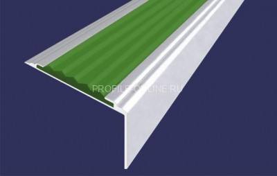 Алюминиевый угловой противоскользящий порог с резиновой вставкой 20х38 мм АУ-38-Анод серебро-зеленый 2,7 м