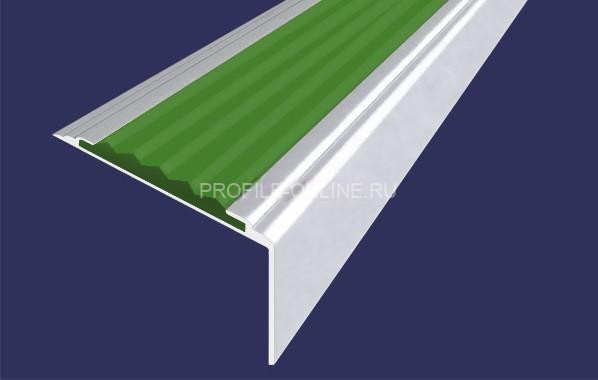 Алюминиевый угловой противоскользящий порог с резиновой вставкой 20х38 мм АУ-38-Анод серебро-зеленый 2,7 м