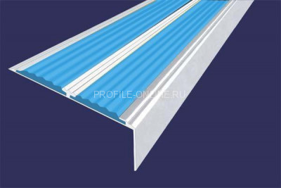 Алюминиевый противоскользящий угловой порог 70х22 мм с резиновыми вставками АУ-70-Анод серебро-голубой 3 м