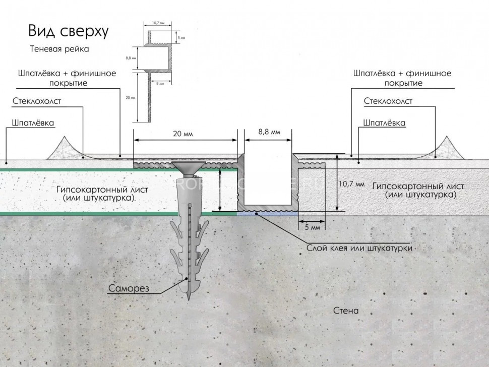 Алюминиевая рейка теневая скрытого монтажа 10 мм Laconistiq Classic без покрытия 3м
