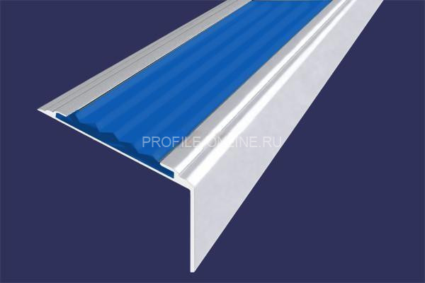 Алюминиевый угловой противоскользящий порог с резиновой вставкой 20х38 мм АУ-38-Анод серебро-синий 2,7 м