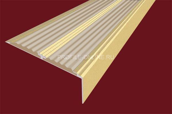 Алюминиевый противоскользящий угловой порог 70х22 мм с резиновыми вставками АУ-70-Анод золото-бежевый 3 м