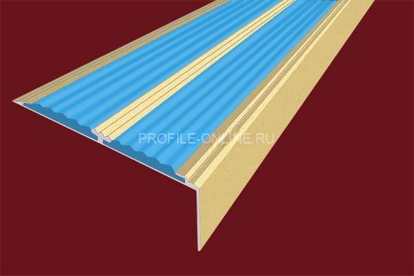 Алюминиевый противоскользящий угловой порог 70х22 мм с резиновыми вставками АУ-70-Анод золото-голубой 3 м
