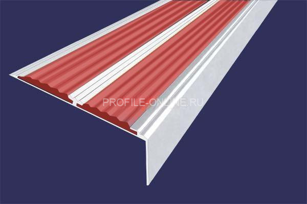 Алюминиевый противоскользящий угловой порог 70х22 мм с резиновыми вставками АУ-70-Анод серебро-красный 3 м